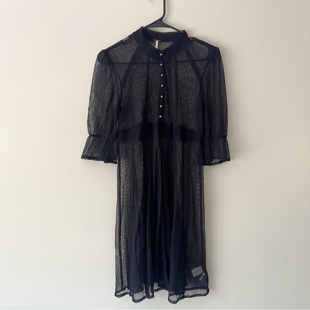 Free people Puff Sleeve Mesh Dotted Lace Trim Button Up See through Mini Dress